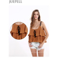 Mujeres europeas y americanas nuevo verano color sólido Top laminado volantes pliegue vendaje Strapless arnés pequeña camisa blusa chaleco de las mujeres